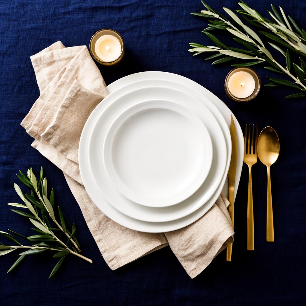 Composição de mesa em linho azul com pratos brancos