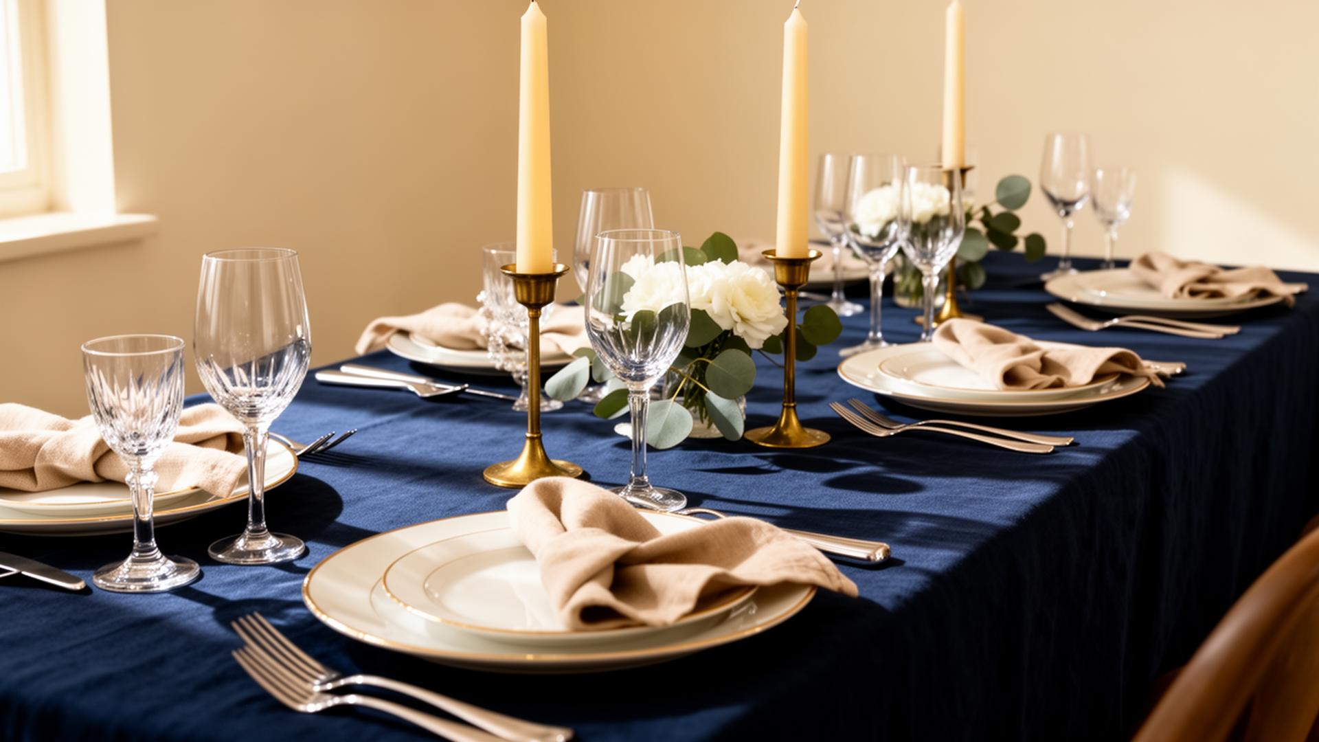 Mesa posta sofisticada com linho azul e detalhes em latão